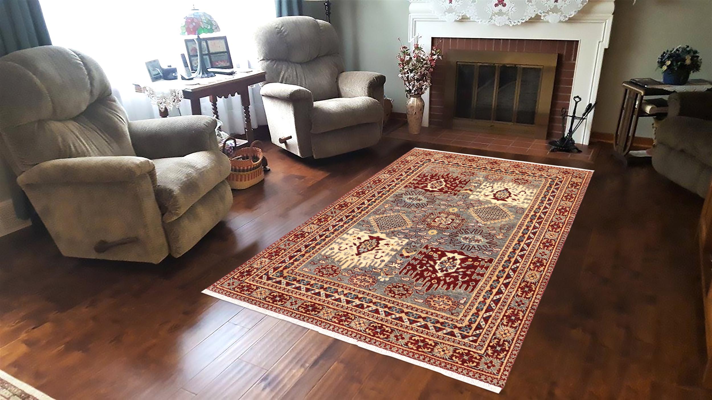 handmade Transitional Kafkaz Gray Red Hand Knotted RECTANGLE 100% WOOL area rug 5' x 6'