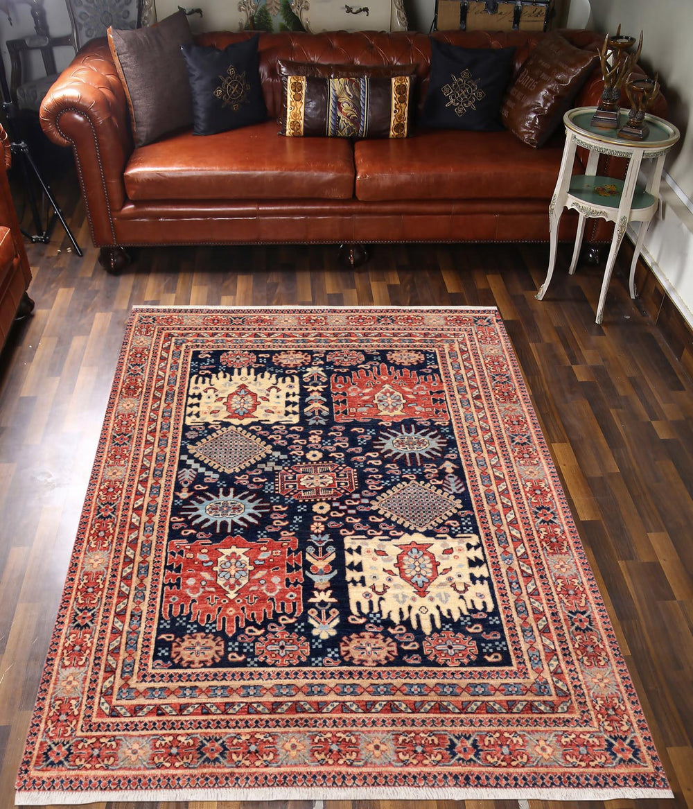 handmade Transitional Kafkaz Blue Rust Hand Knotted RECTANGLE 100% WOOL area rug 5' x 7'