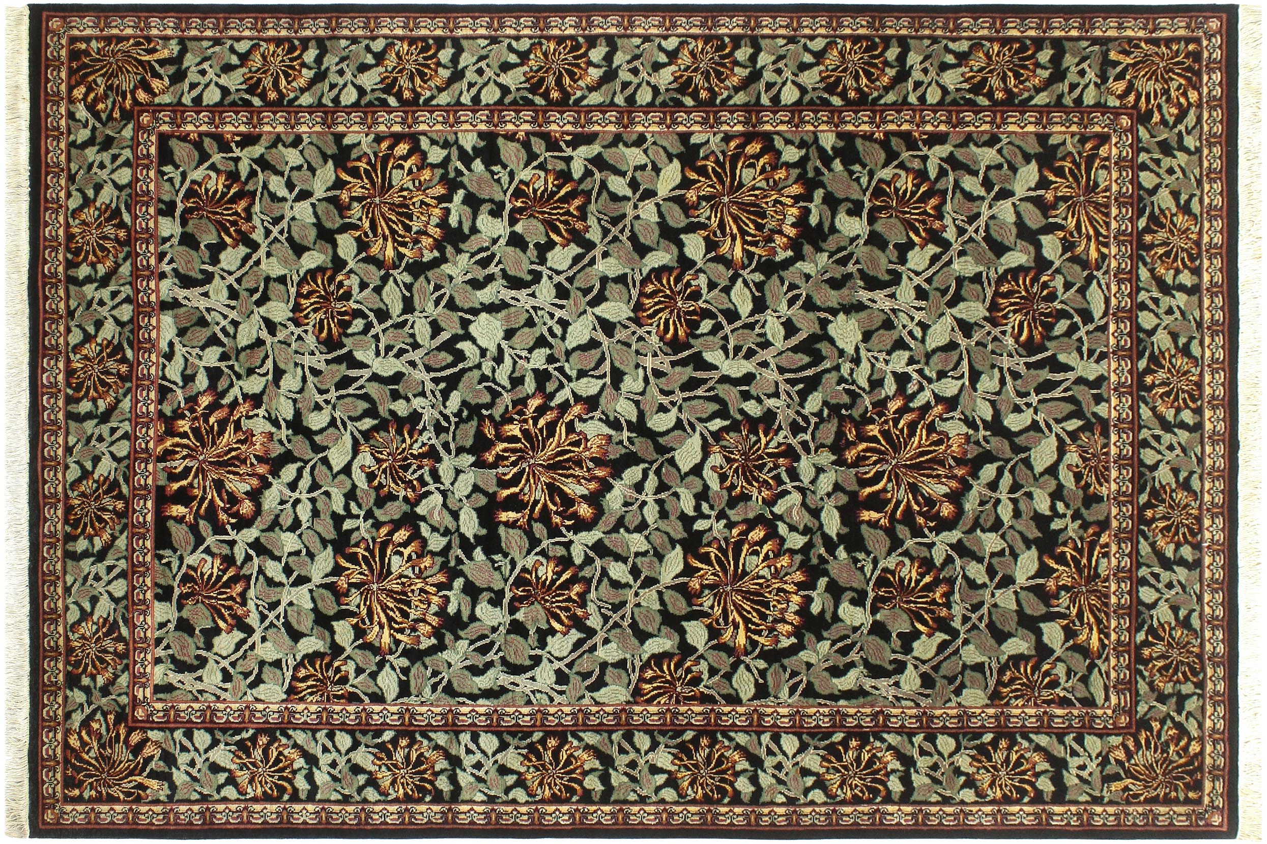 handmade Transitional Honeysuckle Black Green Hand Knotted RECTANGLE 100% WOOL area rug 6x9