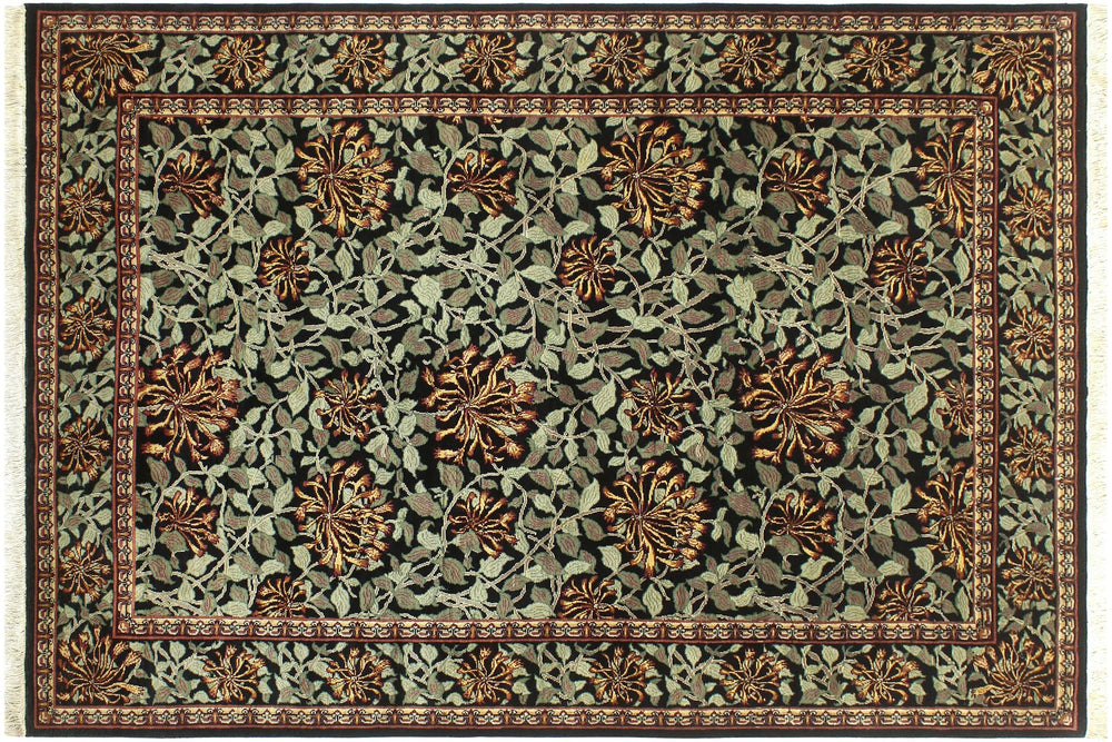 handmade Transitional Honeysuckle Black Green Hand Knotted RECTANGLE 100% WOOL area rug 6x9