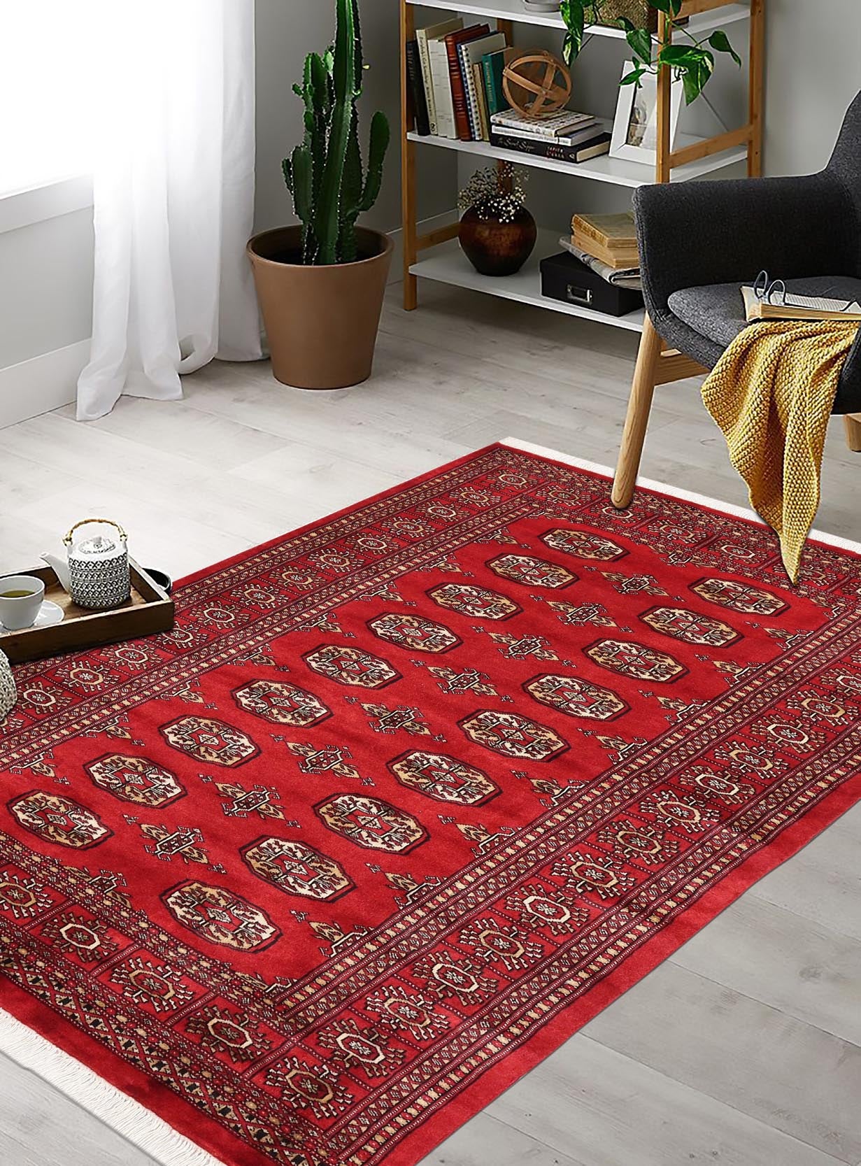 handmade Geometric Bokhara Red Beige Hand Knotted RECTANGLE 100% WOOL area rug 4X6