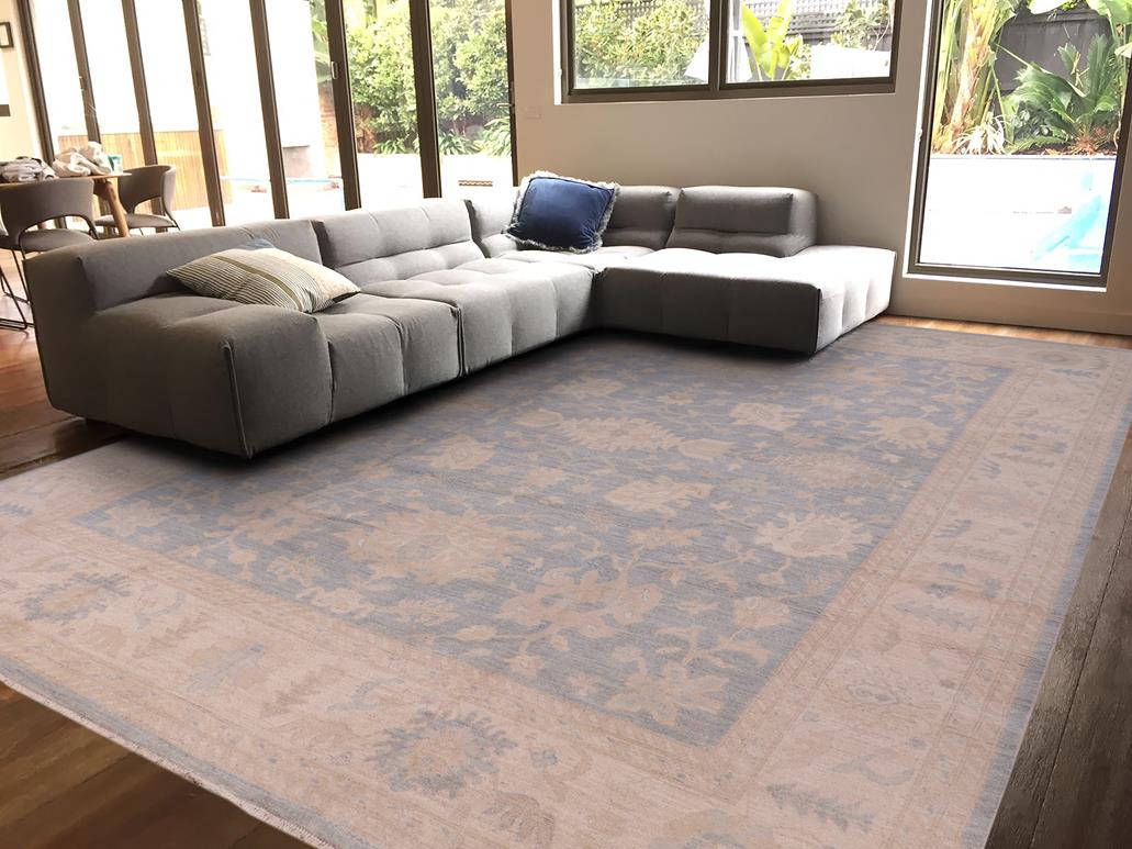 handmade Traditional Oushak Blue Beige Hand Knotted RECTANGLE 100% WOOL area rug 12 x 15