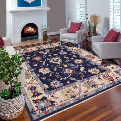 handmade Traditional Oushak Blue Ivory Hand Knotted RECTANGLE 100% WOOL area rug 8' x 10'
