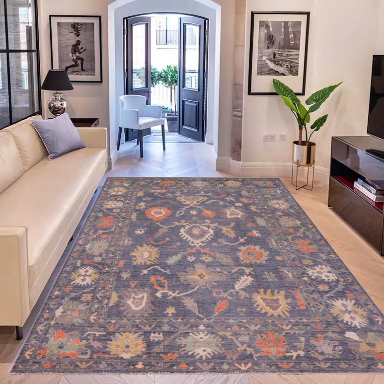 handmade Traditional Oushak Blue Gray Hand Knotted RECTANGLE WOOL&SILK area rug 10 x 14