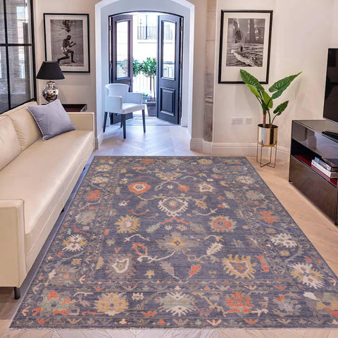 handmade Traditional Oushak Blue Gray Hand Knotted RECTANGLE WOOL&SILK area rug 10' x 14'