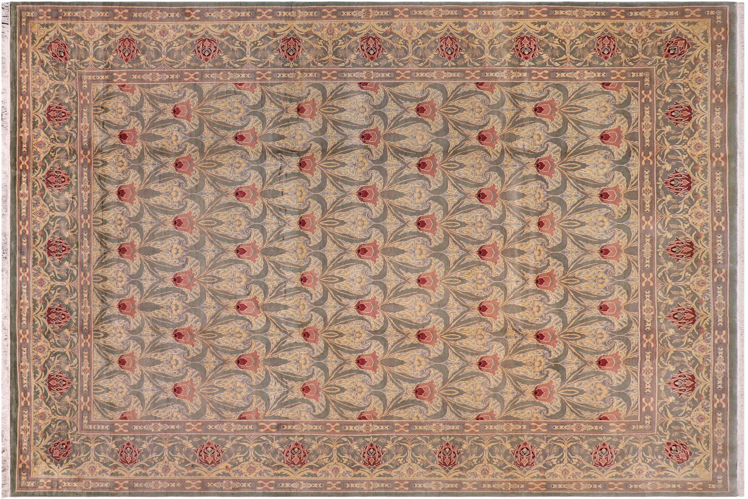handmade Transitional Tulip Green Red Hand Knotted RECTANGLE 100% WOOL area rug 10x14
