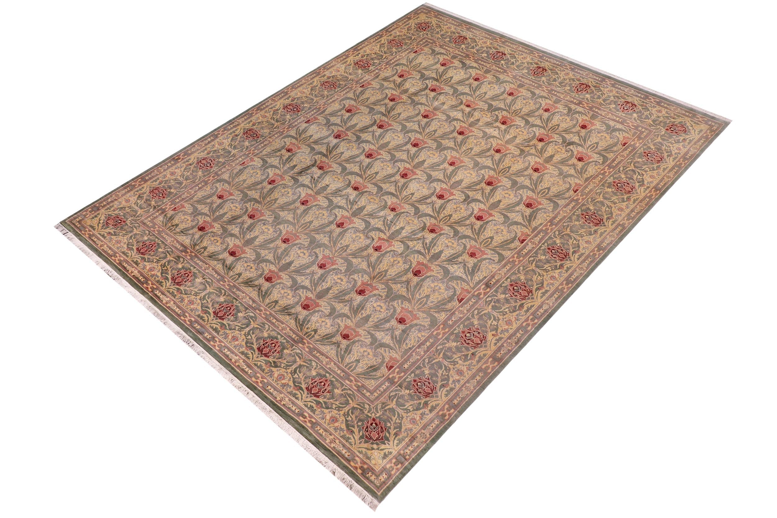 handmade Transitional Tulip Green Red Hand Knotted RECTANGLE 100% WOOL area rug 10x14