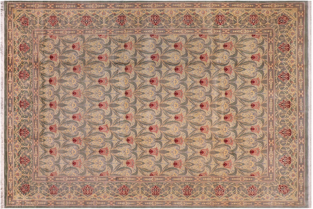 handmade Transitional Tulip Green Red Hand Knotted RECTANGLE 100% WOOL area rug 10x14