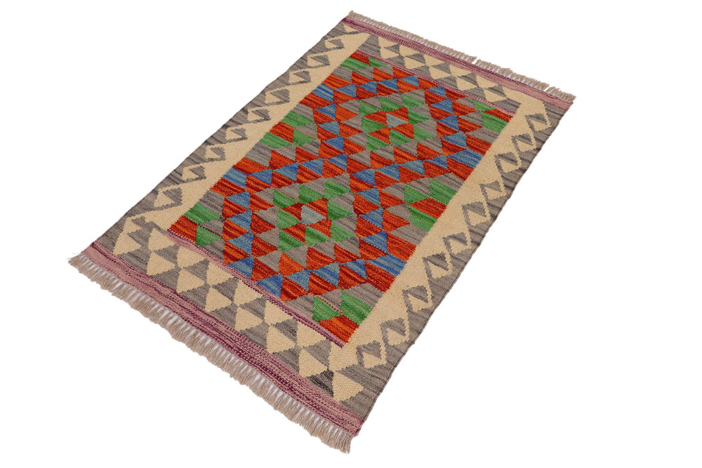 handmade Geometric Kilim Gray Beige Hand-Woven RECTANGLE 100% WOOL area rug 2' x 3'