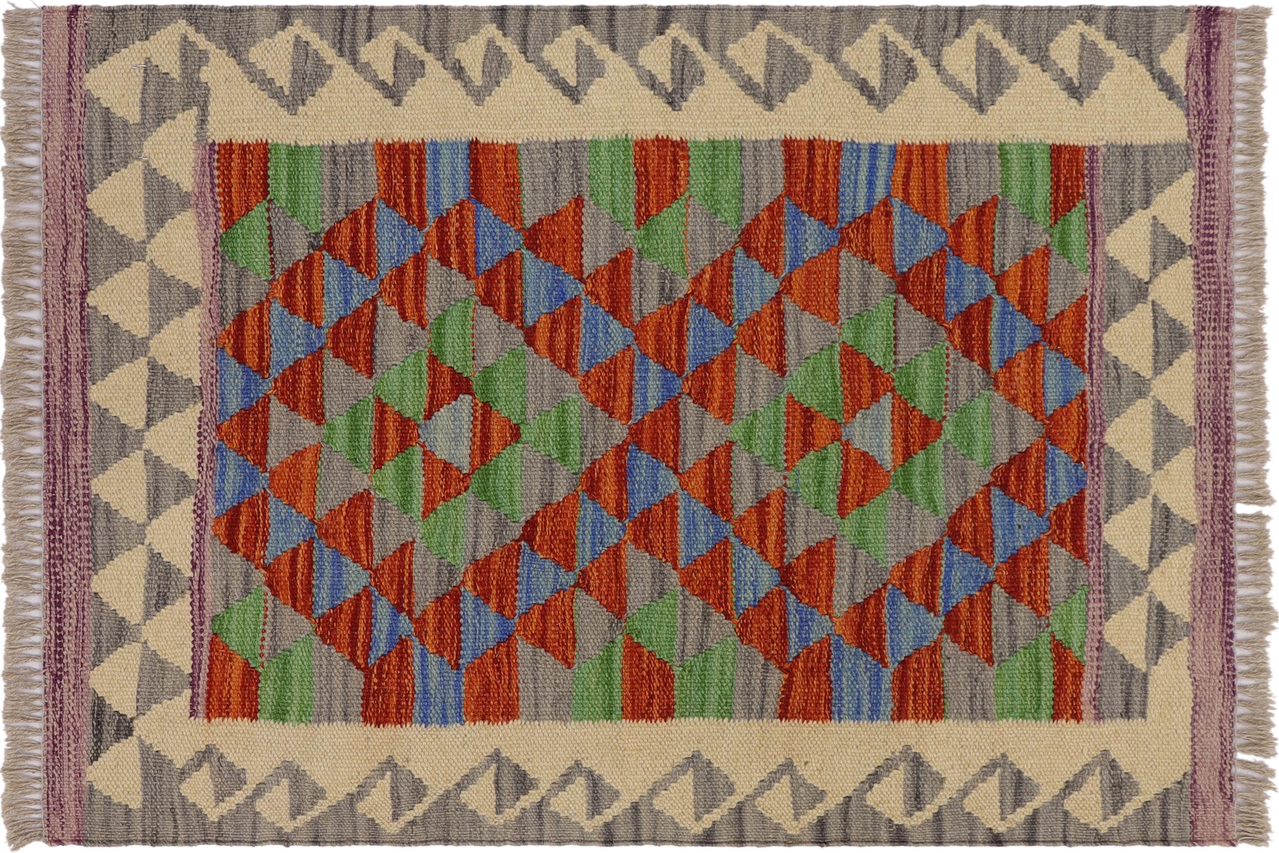 handmade Geometric Kilim Gray Beige Hand-Woven RECTANGLE 100% WOOL area rug 2' x 3'