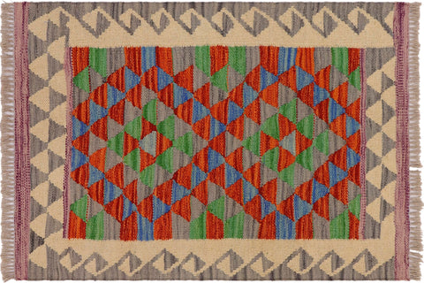 handmade Geometric Kilim Gray Beige Hand-Woven RECTANGLE 100% WOOL area rug 2' x 3'