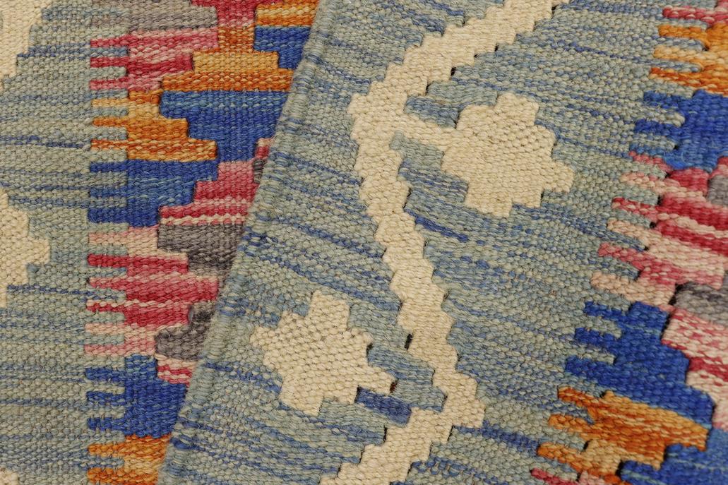 Flat Weave Kilim Antique Navaho Vintage handmade Geometric Kilim Blue Beige Hand-Woven Rectangle 100% Wool Area Rug 2x3 