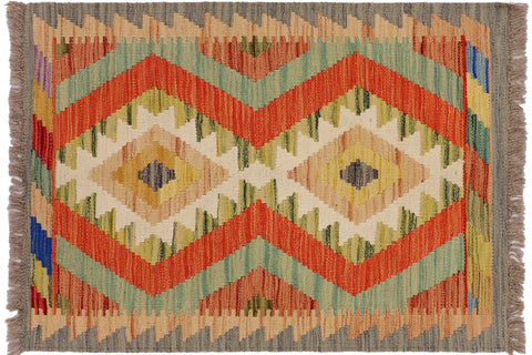 handmade Geometric Kilim Gray Beige Hand-Woven RECTANGLE 100% WOOL area rug 2' x 3'