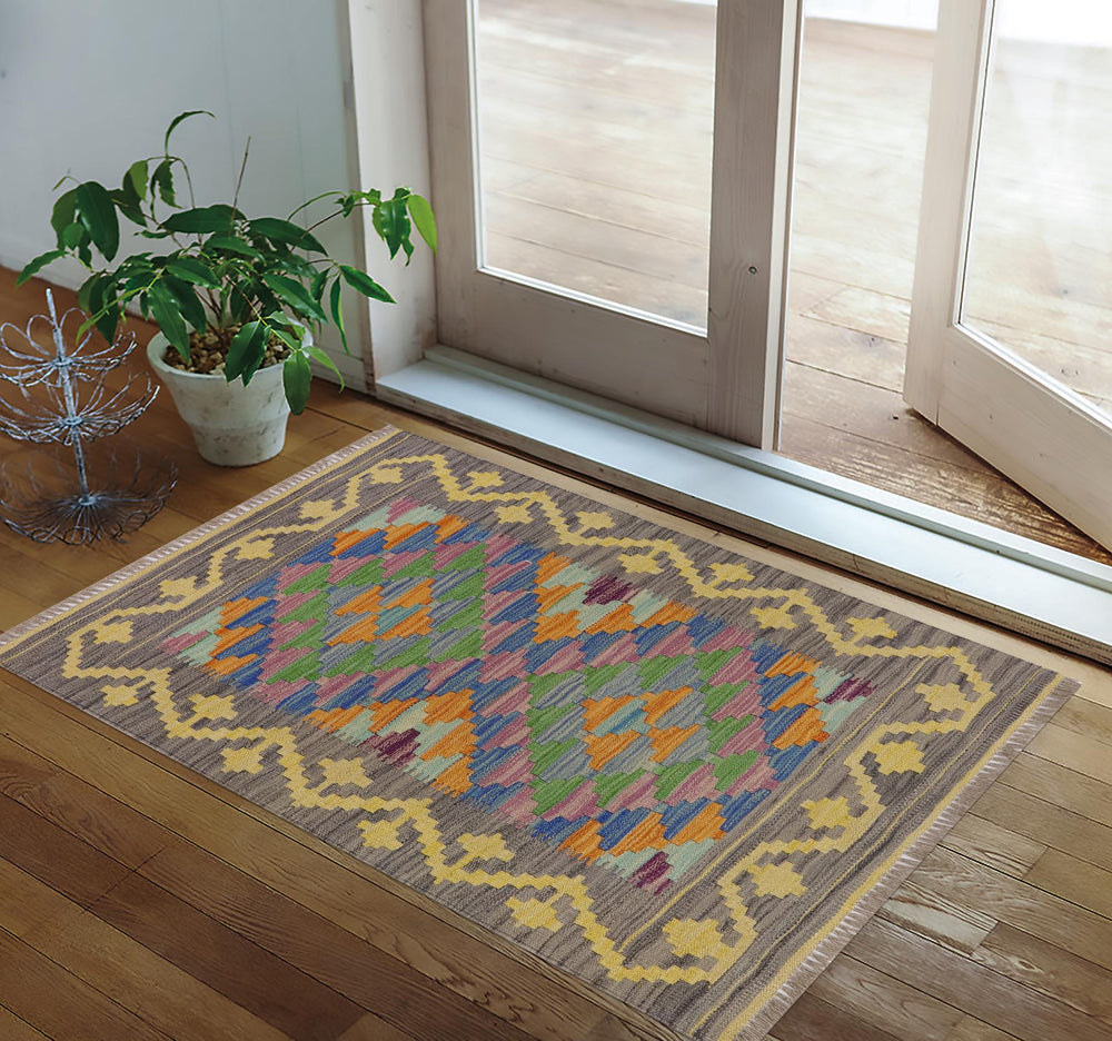 handmade Geometric Kilim Gray Gold Hand-Woven RECTANGLE 100% WOOL area rug 2' x 3'