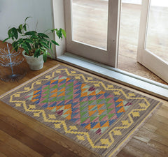 handmade Geometric Kilim Gray Gold Hand-Woven RECTANGLE 100% WOOL area rug 2' x 3'