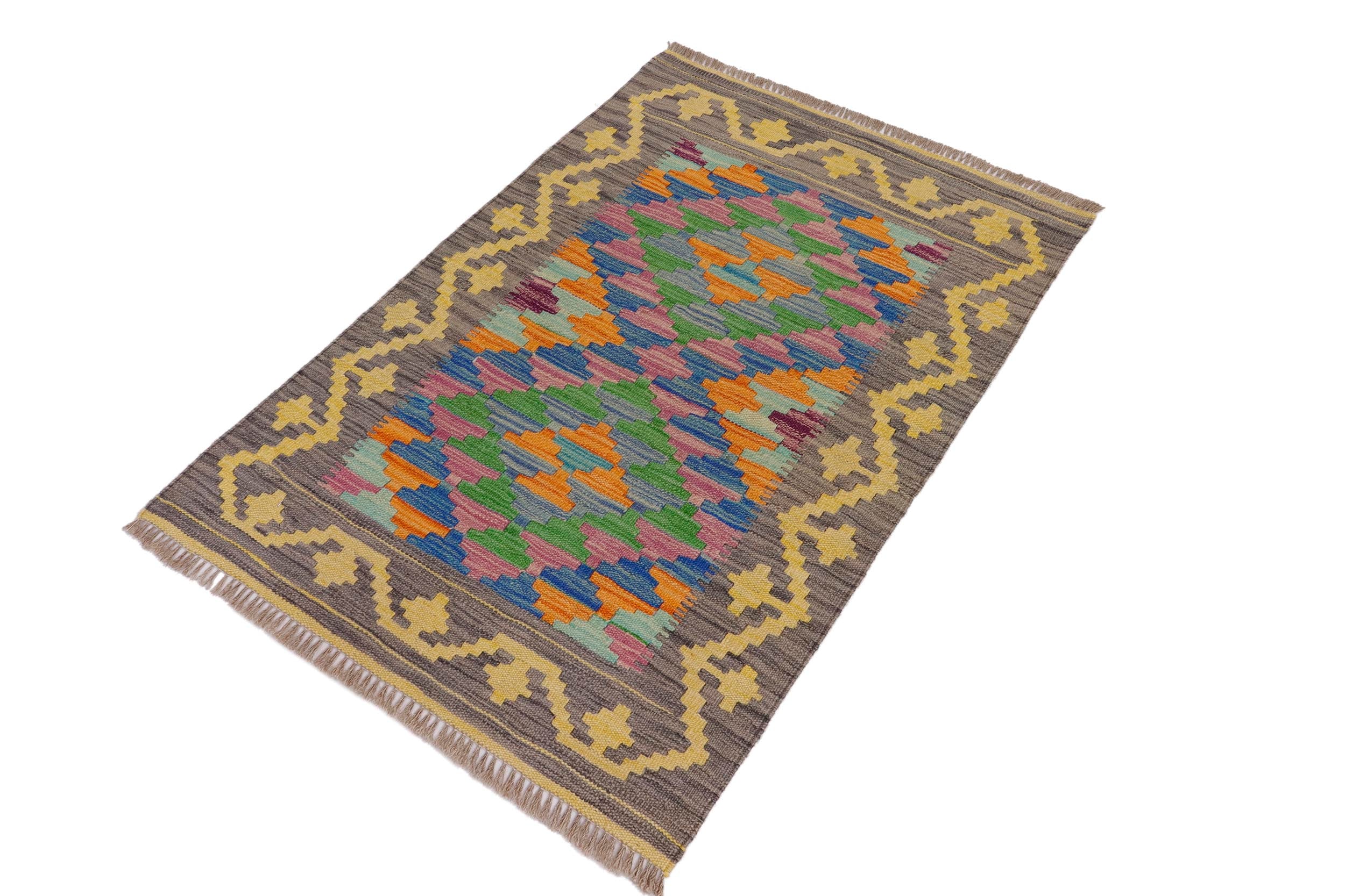 handmade Geometric Kilim Gray Gold Hand-Woven RECTANGLE 100% WOOL area rug 2' x 3'