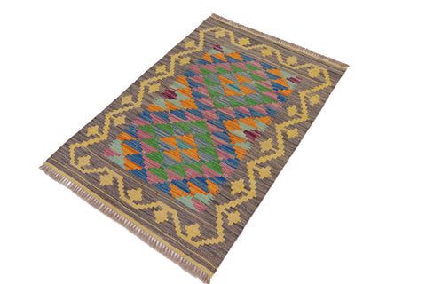 handmade Geometric Kilim Gray Gold Hand-Woven RECTANGLE 100% WOOL area rug 2' x 3'