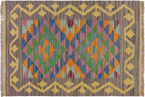 handmade Geometric Kilim Gray Gold Hand-Woven RECTANGLE 100% WOOL area rug 2' x 3'