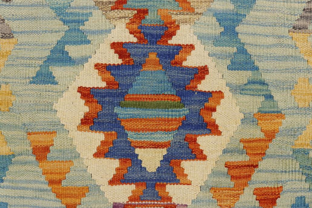 Flat Weave Kilim Antique Navaho Vintage handmade Geometric Kilim Blue Beige Hand-Woven Rectangle 100% Wool Area Rug 2x3 