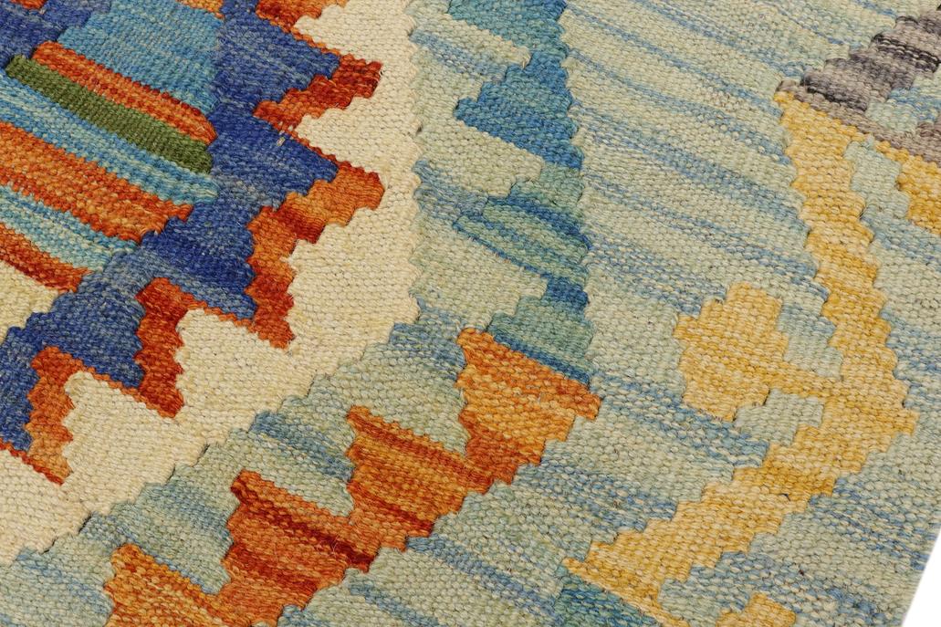 Flat Weave Kilim Antique Navaho Vintage handmade Geometric Kilim Blue Beige Hand-Woven Rectangle 100% Wool Area Rug 2x3 