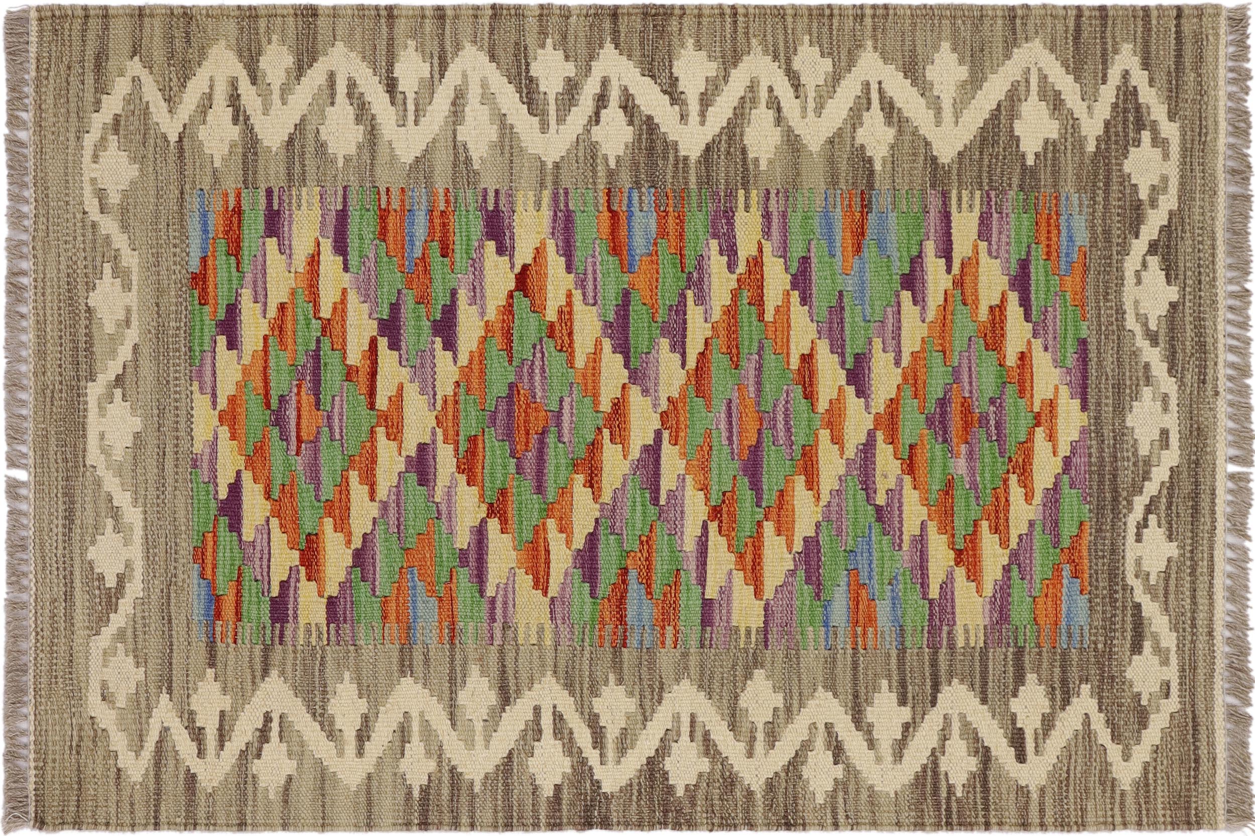 handmade Geometric Kilim Gray Beige Hand-Woven RECTANGLE 100% WOOL area rug 2' x 3'