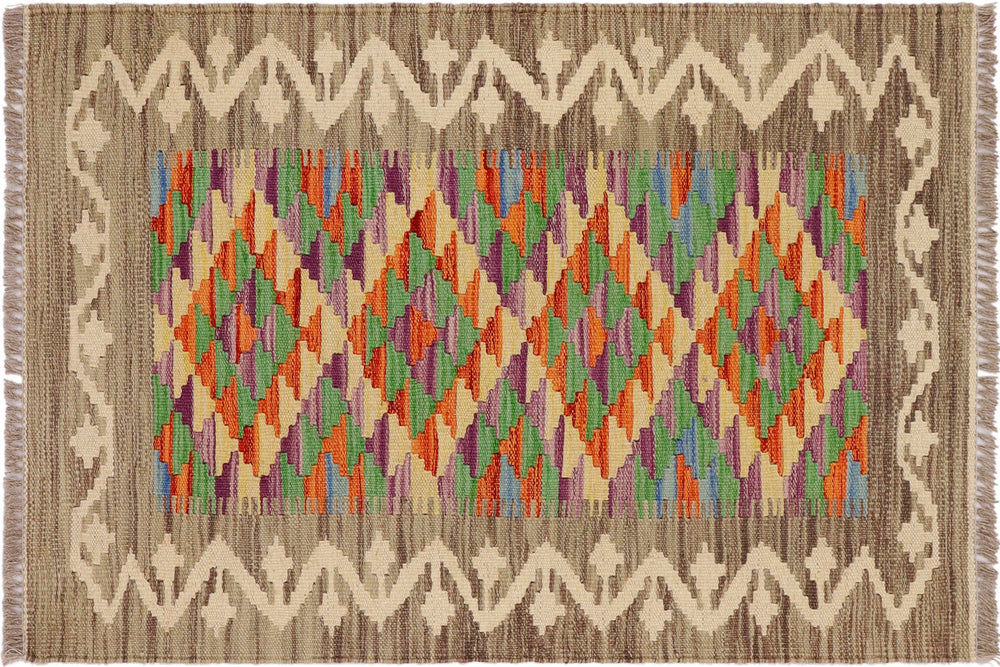 handmade Geometric Kilim Gray Beige Hand-Woven RECTANGLE 100% WOOL area rug 2' x 3'