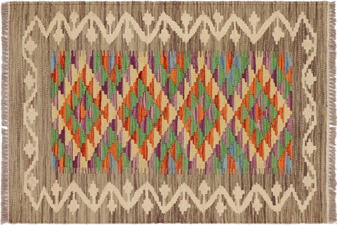 handmade Geometric Kilim Gray Beige Hand-Woven RECTANGLE 100% WOOL area rug 2' x 3'