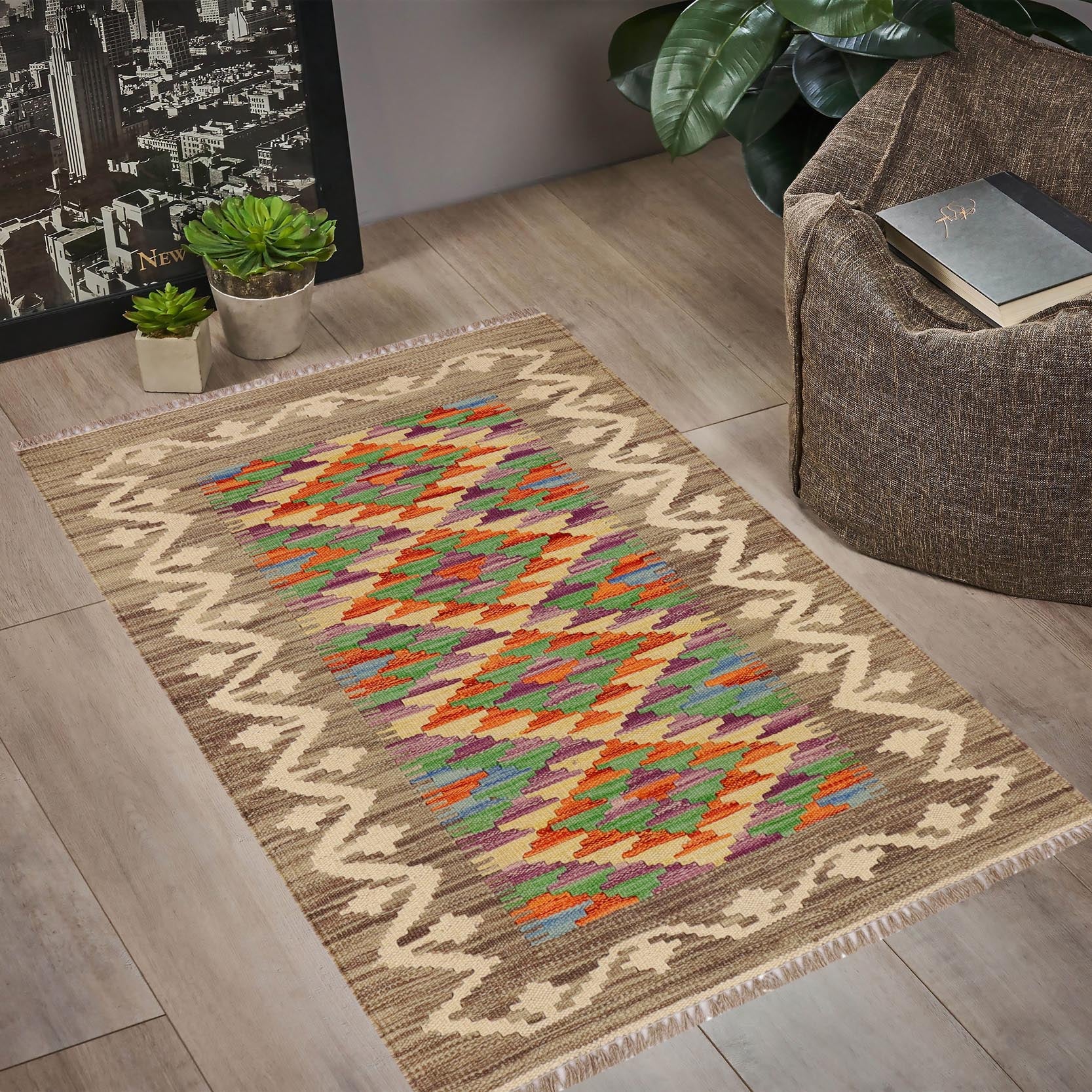handmade Geometric Kilim Gray Beige Hand-Woven RECTANGLE 100% WOOL area rug 2' x 3'