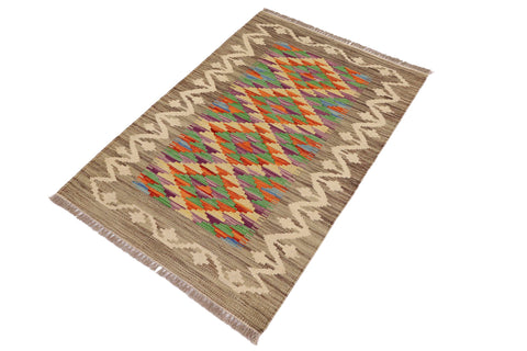 handmade Geometric Kilim Gray Beige Hand-Woven RECTANGLE 100% WOOL area rug 2' x 3'