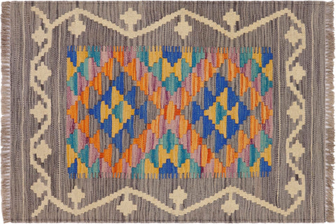 handmade Geometric Kilim Gray Beige Hand-Woven RECTANGLE 100% WOOL area rug 2' x 3'