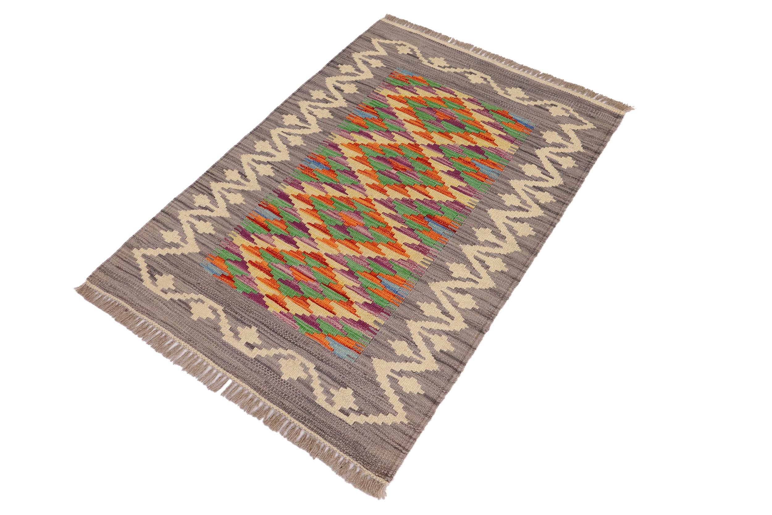 handmade Geometric Kilim Gray Beige Hand-Woven RECTANGLE 100% WOOL area rug 2' x 3'