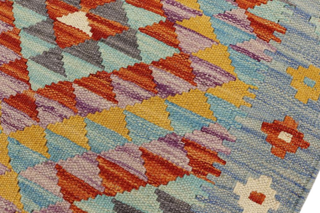 Flat Weave Kilim Antique Navaho Vintage handmade Geometric Kilim Blue Rust Hand-Woven Rectangle 100% Wool Area Rug 2x3 