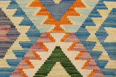 Flat Weave Kilim Antique Navaho Vintage handmade Geometric Kilim Blue Beige Hand-Woven Rectangle 100% Wool Area Rug 2x3 