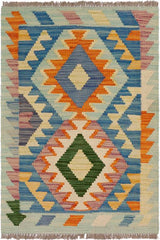 Flat Weave Kilim Antique Navaho Vintage handmade Geometric Kilim Blue Beige Hand-Woven Rectangle 100% Wool Area Rug 2x3 