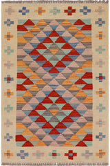 Flat Weave Kilim Antique Navaho Vintage handmade Geometric Kilim Beige Red Hand-Woven Rectangle 100% Wool Area Rug 2x3 