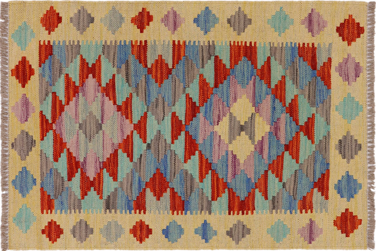 2x3 hand woven Turkish Kilim wool rug in gold and rust - Eclectic Turkish Leonard