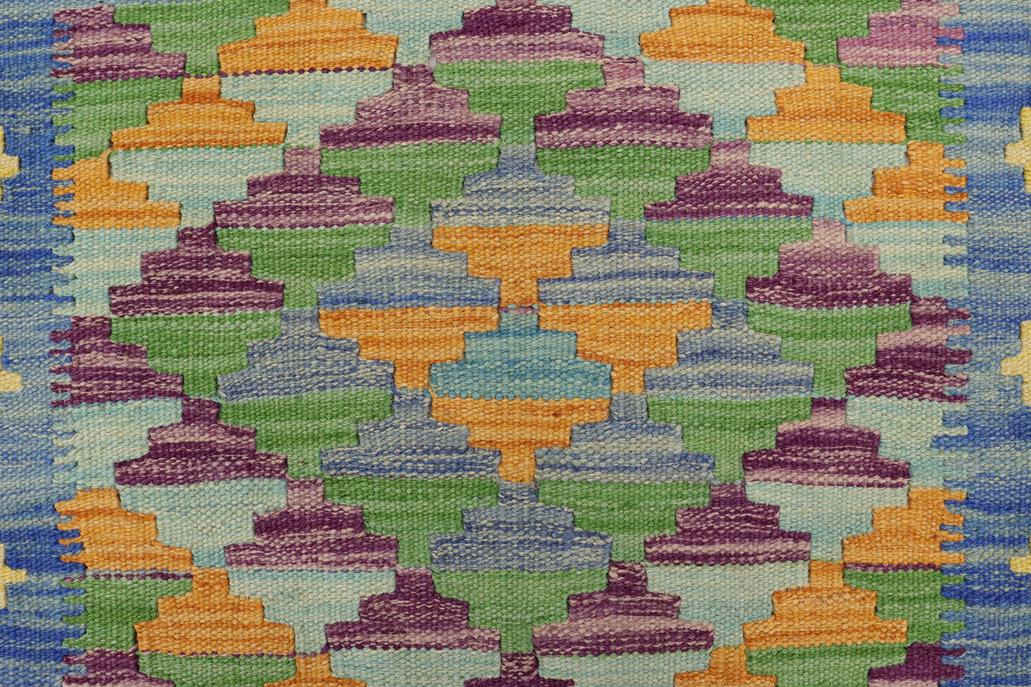 Flat Weave Kilim Antique Navaho Vintage handmade Geometric Kilim Blue Gold Hand-Woven Rectangle 100% Wool Area Rug 2x3 