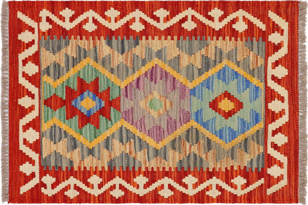 handmade Geometric Kilim Red Beige Hand-Woven RECTANGLE 100% WOOL area rug 2' x 3'