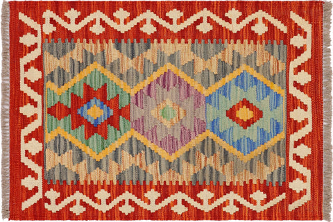 handmade Geometric Kilim Red Beige Hand-Woven RECTANGLE 100% WOOL area rug 2' x 3'