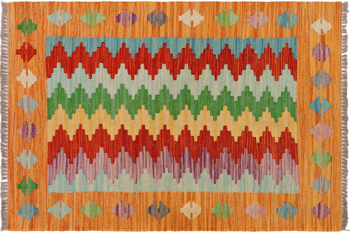 2x3 hand woven Turkish Modern Kilim wool rug in rust and blue - Turkish Eclectic Gunner