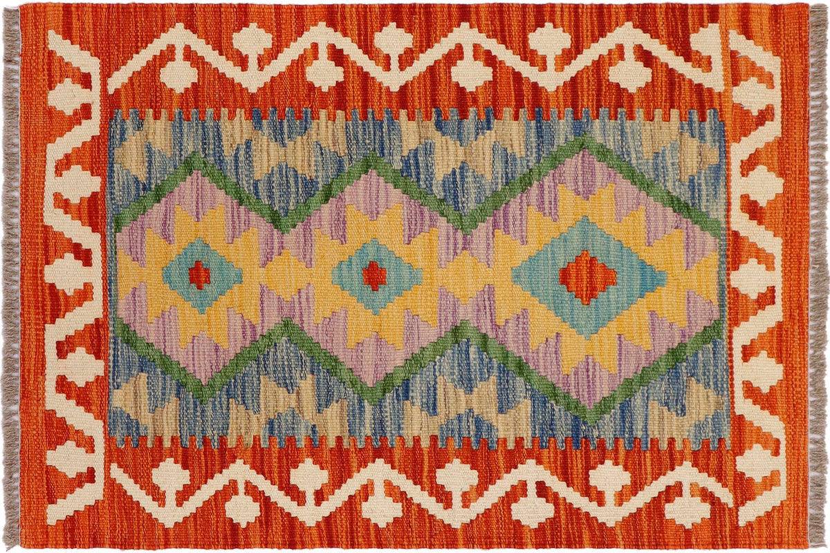 2x3 hand woven Turkish Kilim wool rug in rust and beige - Southwestern Turkish Dixie