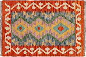 2x3 hand woven Turkish Kilim wool rug in rust and beige - Southwestern Turkish Dixie