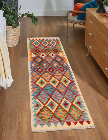 handmade Geometric Kilim Beige Blue Hand-Woven RUNNER 100% WOOL area rug 3 x 6