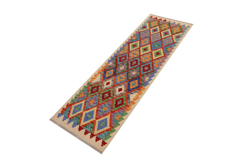 handmade Geometric Kilim Beige Blue Hand-Woven RUNNER 100% WOOL area rug 3 x 6