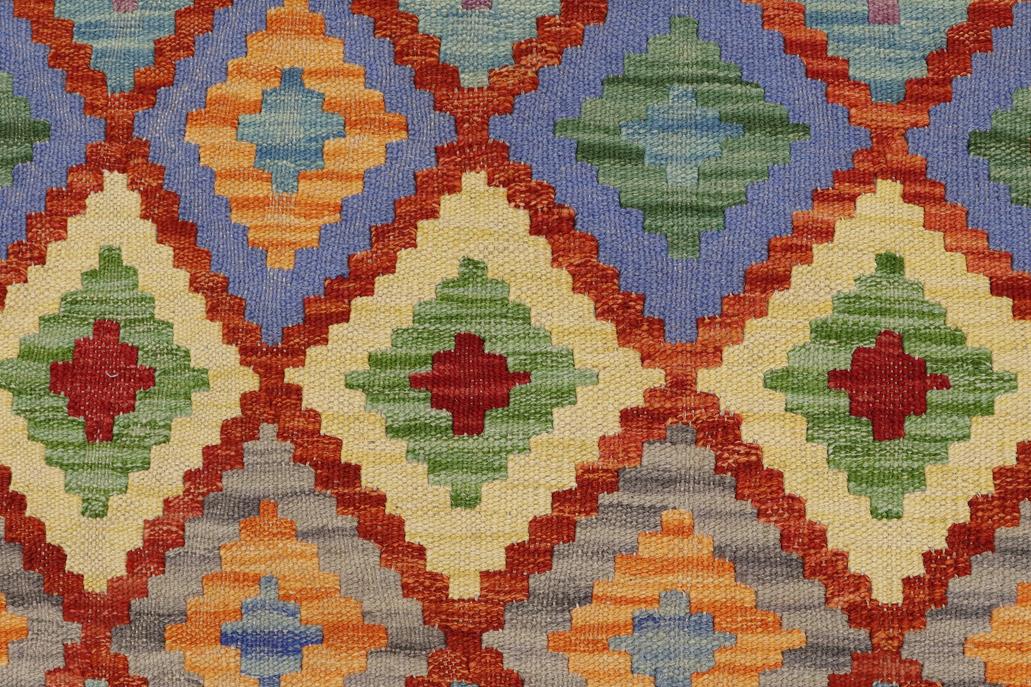 Flat Weave Kilim Antique Navaho Vintage handmade Geometric Kilim Beige Blue Hand-Woven Runner 100% Wool Area Rug 3x6 