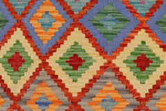 Flat Weave Kilim Antique Navaho Vintage handmade Geometric Kilim Beige Blue Hand-Woven Runner 100% Wool Area Rug 3x6 