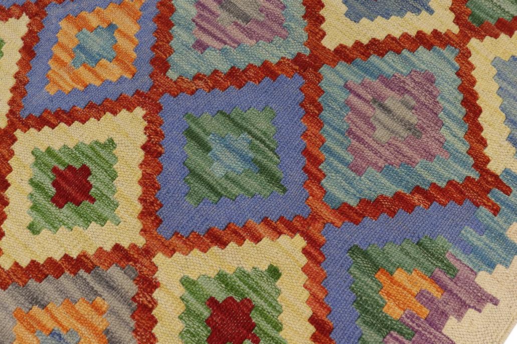 Flat Weave Kilim Antique Navaho Vintage handmade Geometric Kilim Beige Blue Hand-Woven Runner 100% Wool Area Rug 3x6 