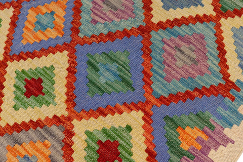 handmade Geometric Kilim Beige Blue Hand-Woven RUNNER 100% WOOL area rug 3 x 6