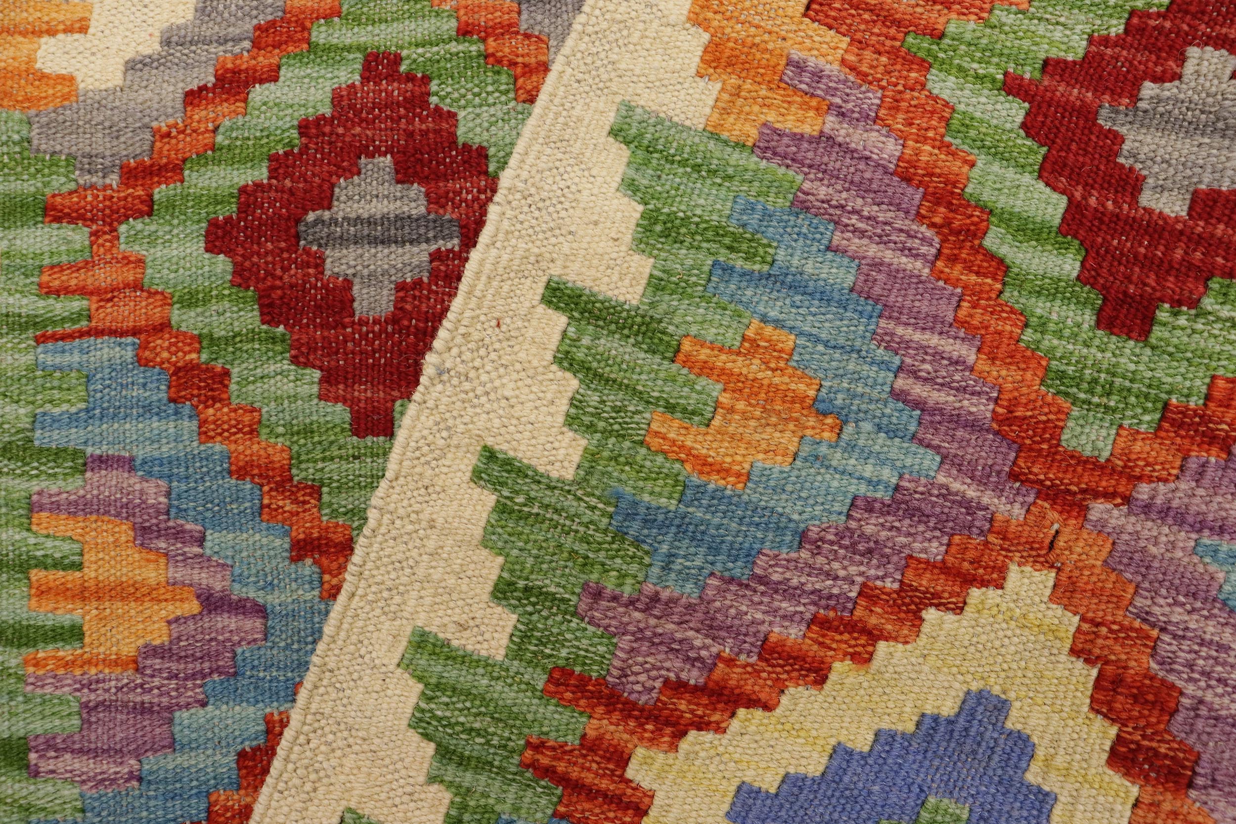 handmade Geometric Kilim Beige Blue Hand-Woven RUNNER 100% WOOL area rug 3 x 6