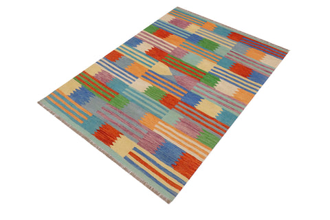 handmade Modern Kilim Blue Rust Hand-Woven RECTANGLE 100% WOOL area rug 4x6